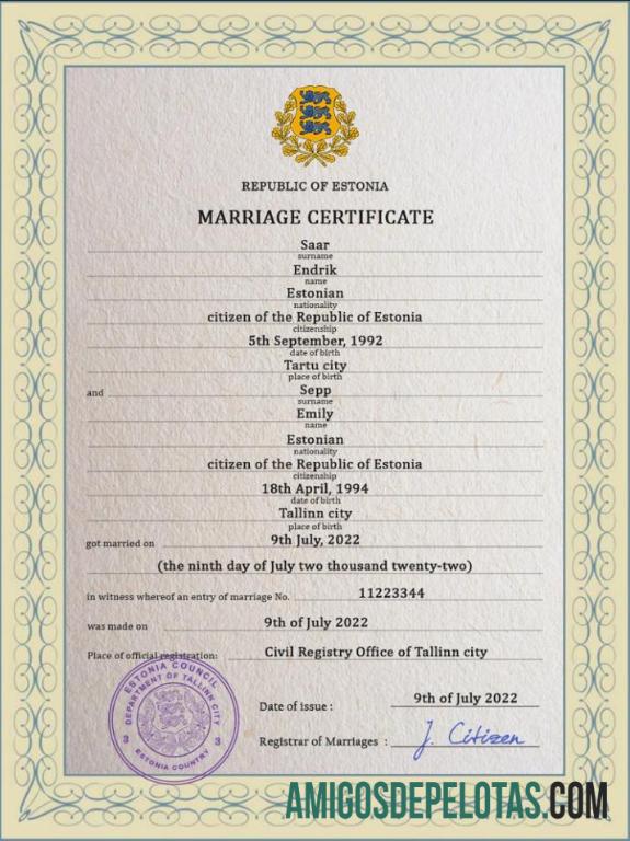 Em branco modelo PSD de certidão de casamento da Estônia